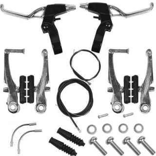 Jogo De Freio Bicicleta V-break Nylon C/ Manete + Cabos Kit Completo + Buzina Campainha Sino Cromada Para Bike Bicicleta Mtb Trim Trim