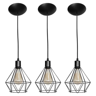 Kit 3 Pendentes Diamantes Aramado Preto Industrial Luminária