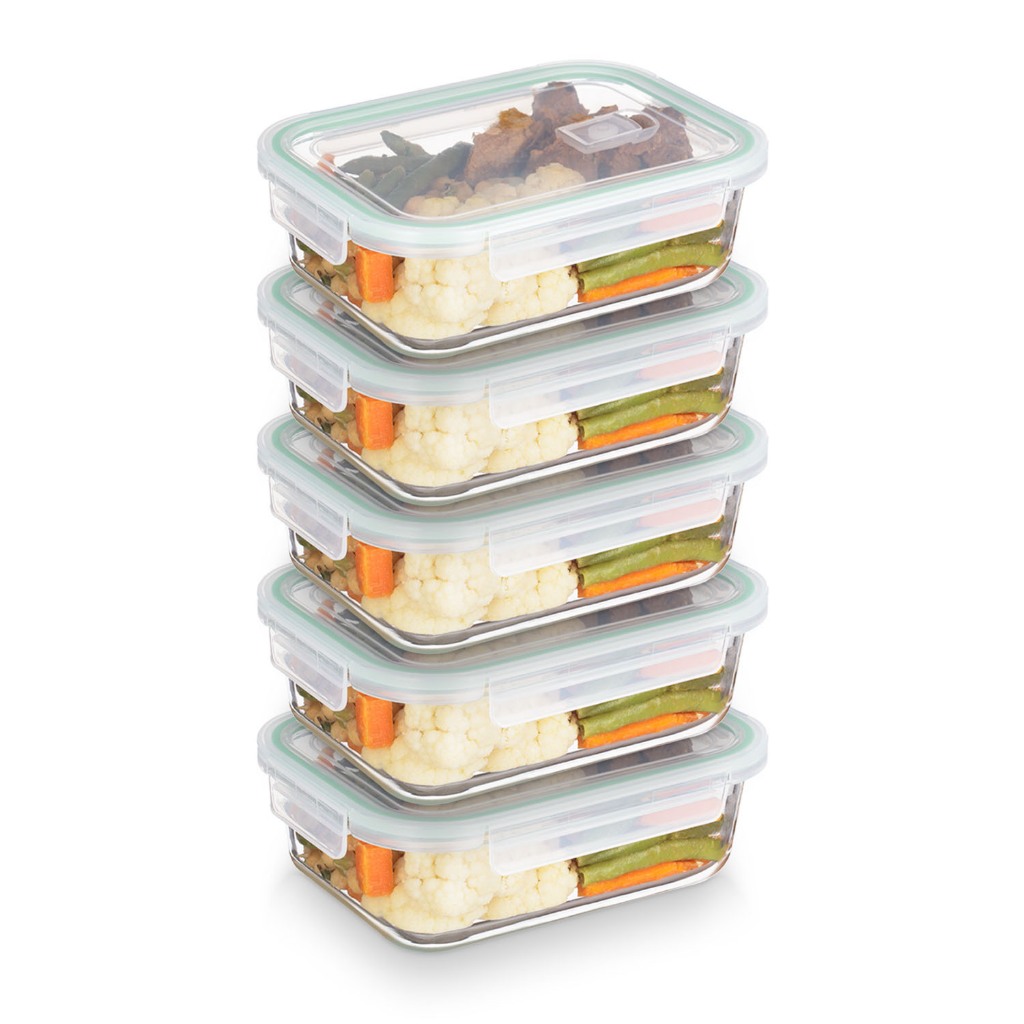 Kit Pote Hermetico Vidro 1040mL 5 Peças Vedação Retangular