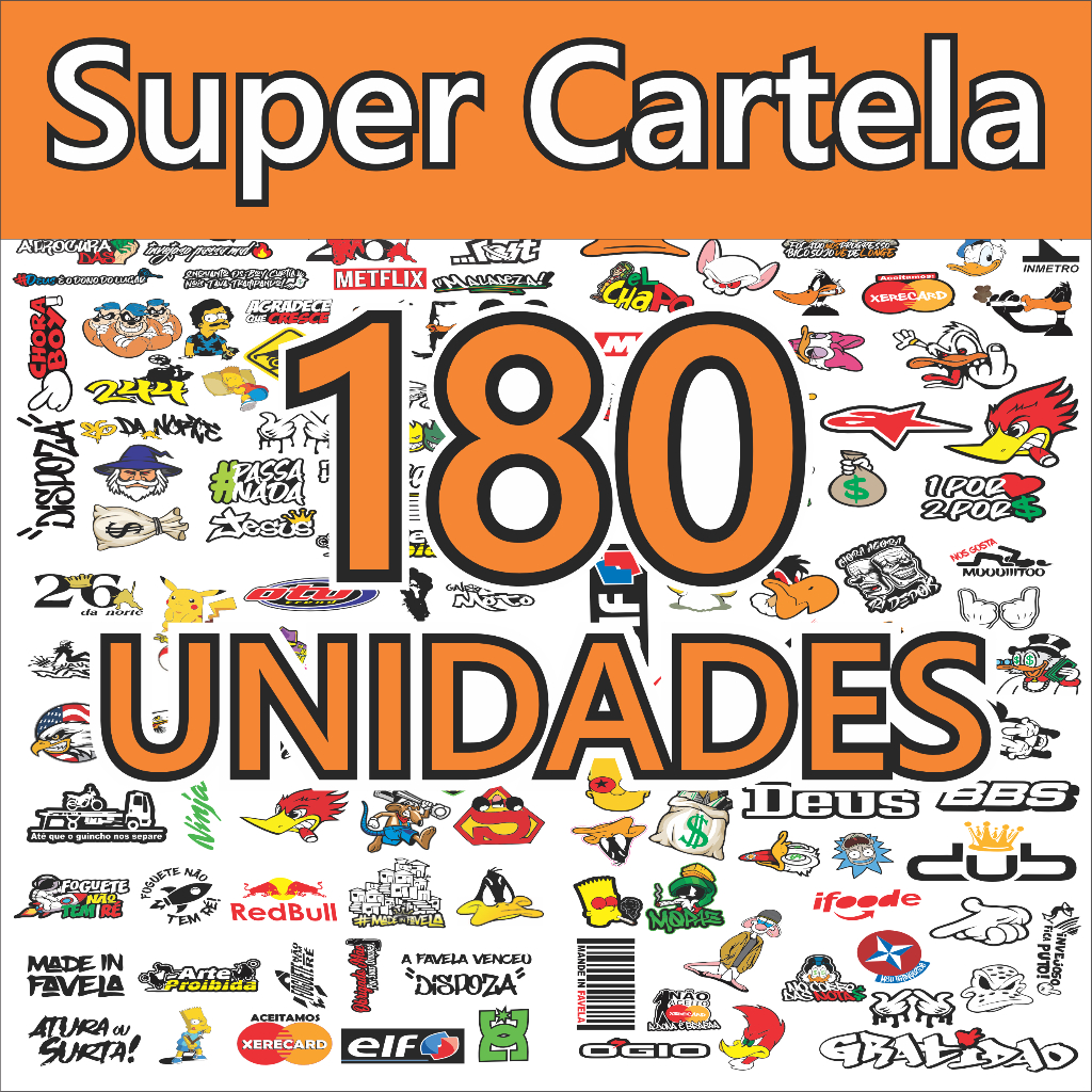 Super Cartela Kit 180 Unidades Stickers Adesivos Capacete Moto Bike Carro Pc Computador Celular Notebook