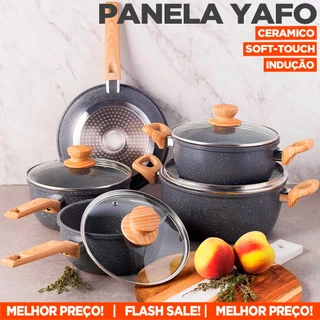 Conjunto de Panelas de Indução Com 5 Peças Revestido em Cerâmica Antiaderente Panela Frigideira Caçarola Cabo Pegador Soft-Touch Madeira Jogo de Panela Casa Cozinha Útilidade Doméstica - ENVIO IMEDIATO