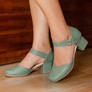 Sandália Feminina Salto Bloco Verde com Fivela Dupla Confortável e Elegante