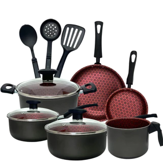Kit Jogo De Panelas Modernas Teflon 9 Peças Antiaderente Cor Cabernet Tampa De Vidro