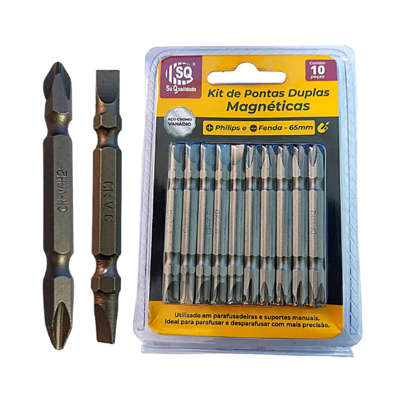 kit 10 pontas duplas magnéticas SQ 65mm Ponteira Parafusadeira