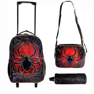 Kit Mochila de Rodinhas Infantil Aranha Spider Lancheira Térmica Estojo Escolar Teias p/ Crianças Meninos Escola Volta as Aulas
