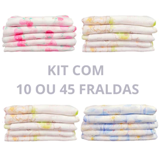 Kit de Fralda de Pano com 45 unidades Estampada para Bebê 60cm x 60cm 100% Algodão Enxoval
