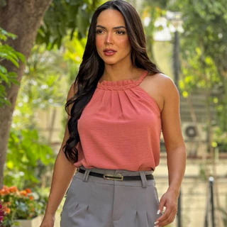 Blusa Regata Drapeada e Trançada na Gola lançamento Luxo