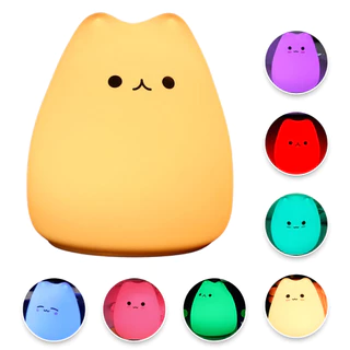 Luminária de Mesa Abajur Infantil Gatinho LED com 7 Cores podendo escolher - Silicone e Sem Fio