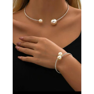conjunto colar choker e pulseira de strass com pérola