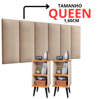 Conjunto 2 Mesa De Cabeceira E Cabeceira Queen Estofada Cama Queen kit quarto Cor Off White