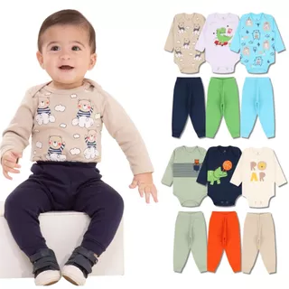 Kit 10 Peças de Roupas para Bebê Menino 5 body+5 calças/mijão - Kit com 5 Body Longo + 5 Mijão de Roupa Infantil Bebe Barato