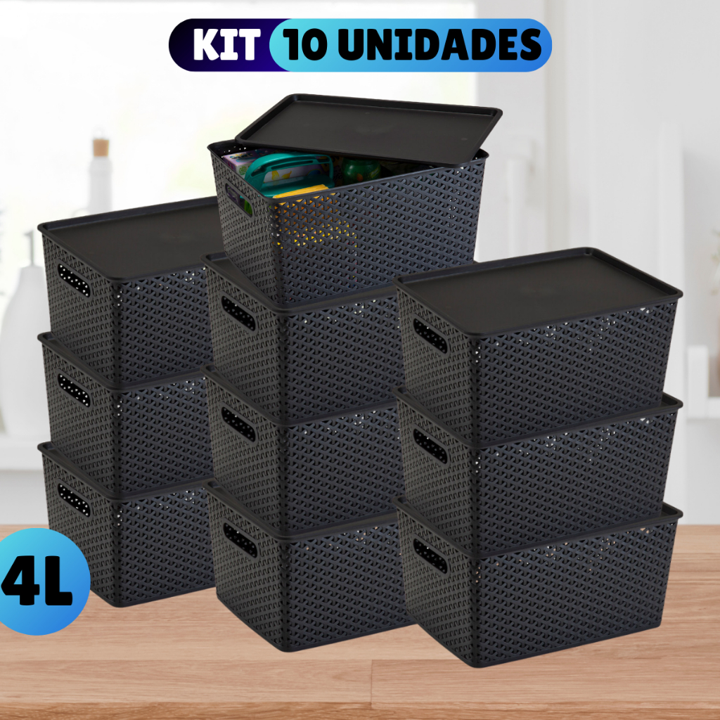 Kit Com 10 Cesto Caixa Organizadora Rattan Com Tampa 4 Litros Preto
