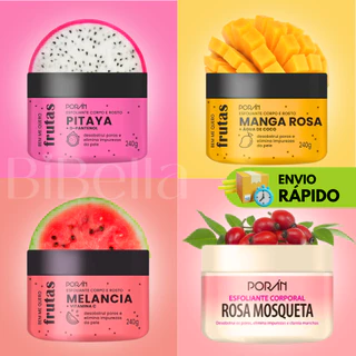 Esfoliante Corporal e Facial Cheiro de Fruta Porán 240g - Corpo e Rosto - Melancia - Pitaya - Manga Rosa - Rosa Mosqueta