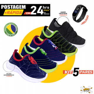 Kit 5 Pares Tênis Infantil Calce Fácil sem Cadarço Levinho e macio Relógio Digital LED Combo Pack