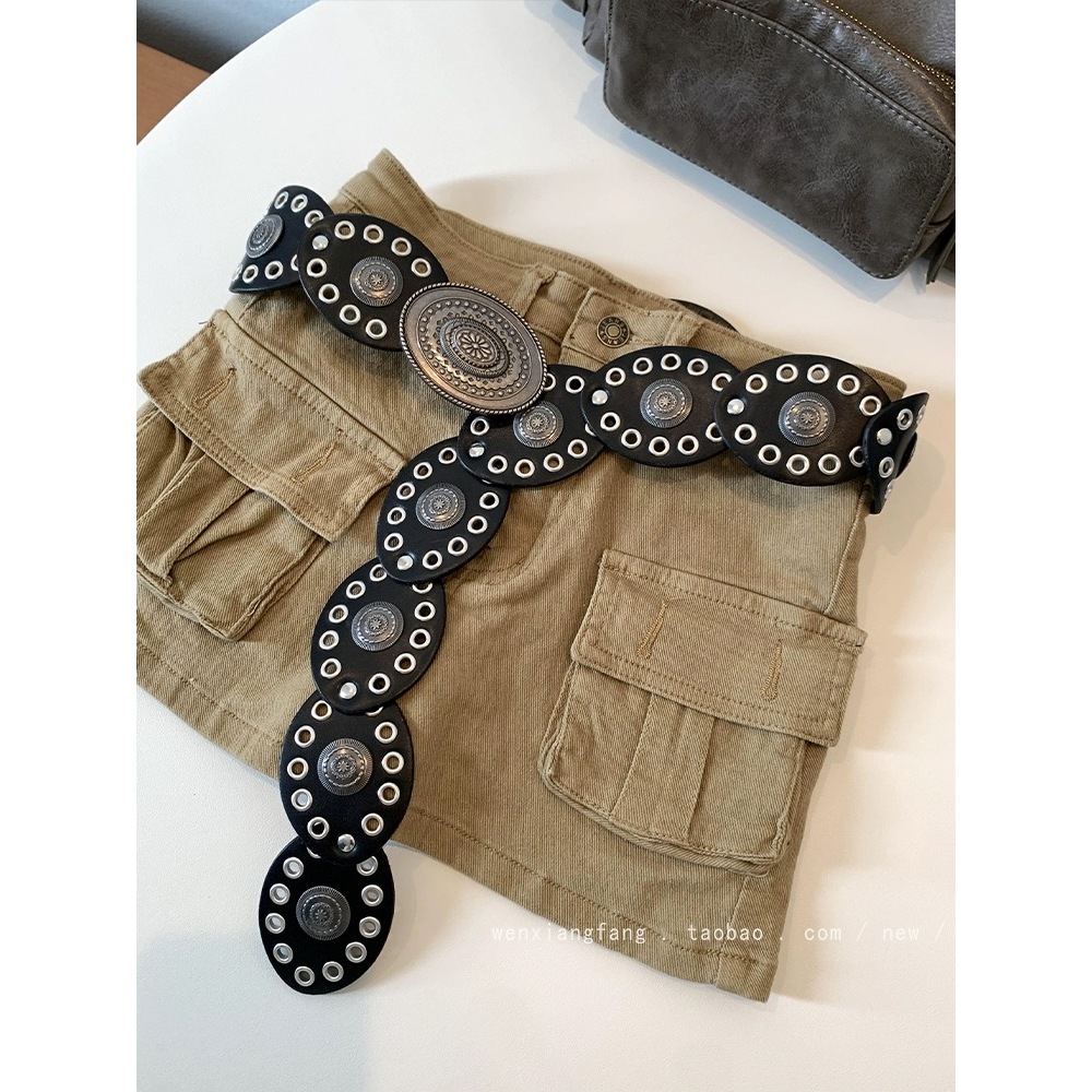 Cinto feminino com emenda de disco estilo jeans, cinto estilo étnico boêmio desgaste 2024 novos rebitesZG-09