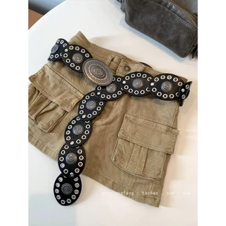 Cinto feminino com emenda de disco estilo jeans, cinto estilo étnico boêmio desgaste 2024 novos rebitesZG-09