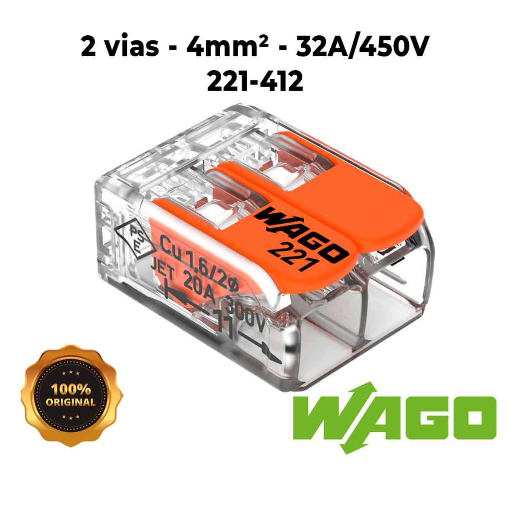 Kit 3, 5, 8, 10, 12, 15, 20 peças conector Wago 221-412 emenda 2 polos 4mm² conexão automática