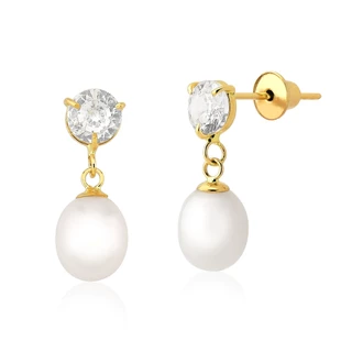 Brinco de ouro feminino zircônia redonda e pérola pendente em Oferta na Shopee