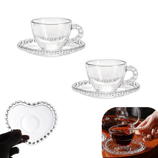 Kit 2 Xícaras Cafe Cristal Com Pires Coração Pearl 80ml