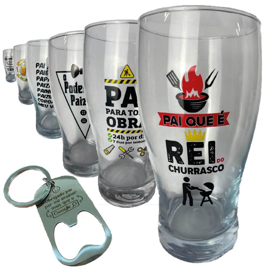 Copo De Vidro 580ml + Chaveiro Abridor Cerveja Personalizado Presente Especial Dia dos Pais