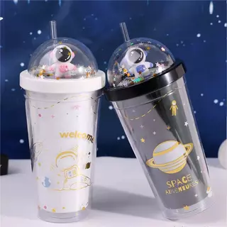 Copo Astronauta Acrilico Gliter Parede Dupla com Canudo de 500ml Kawaii Fofo Estiloso