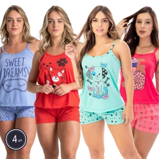 Kit 4 Pijamas Baby Doll Short Curto Estampas Sortidas Confortável Fresquinho Verão 359 em Oferta na Shopee