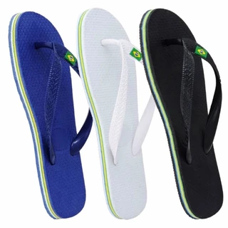 Kit com 2 pares de chinelos - Masculino - Tradicional - Liso - Branco com Bandeira do Brasil - Preto com Bandeira do Brasil - Azul com Bandeira do Brasil - Confortalvél - Chinelo que não Escorrega