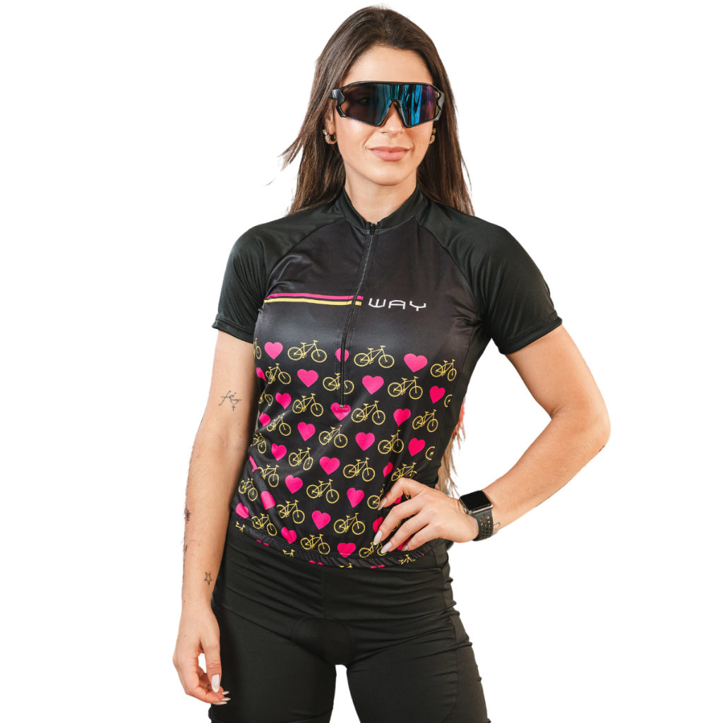 Camisa de Ciclismo Feminina Camiseta Manga Curta Preta Bike Coração ...