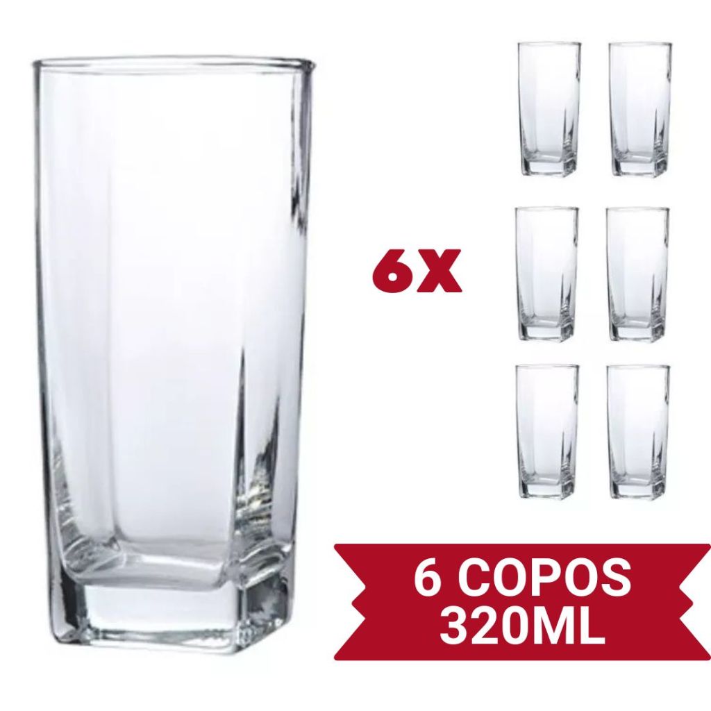 Jogo 6 Copos de Vidro Quadrado Luxo Bali 320ml | Shopee Brasil