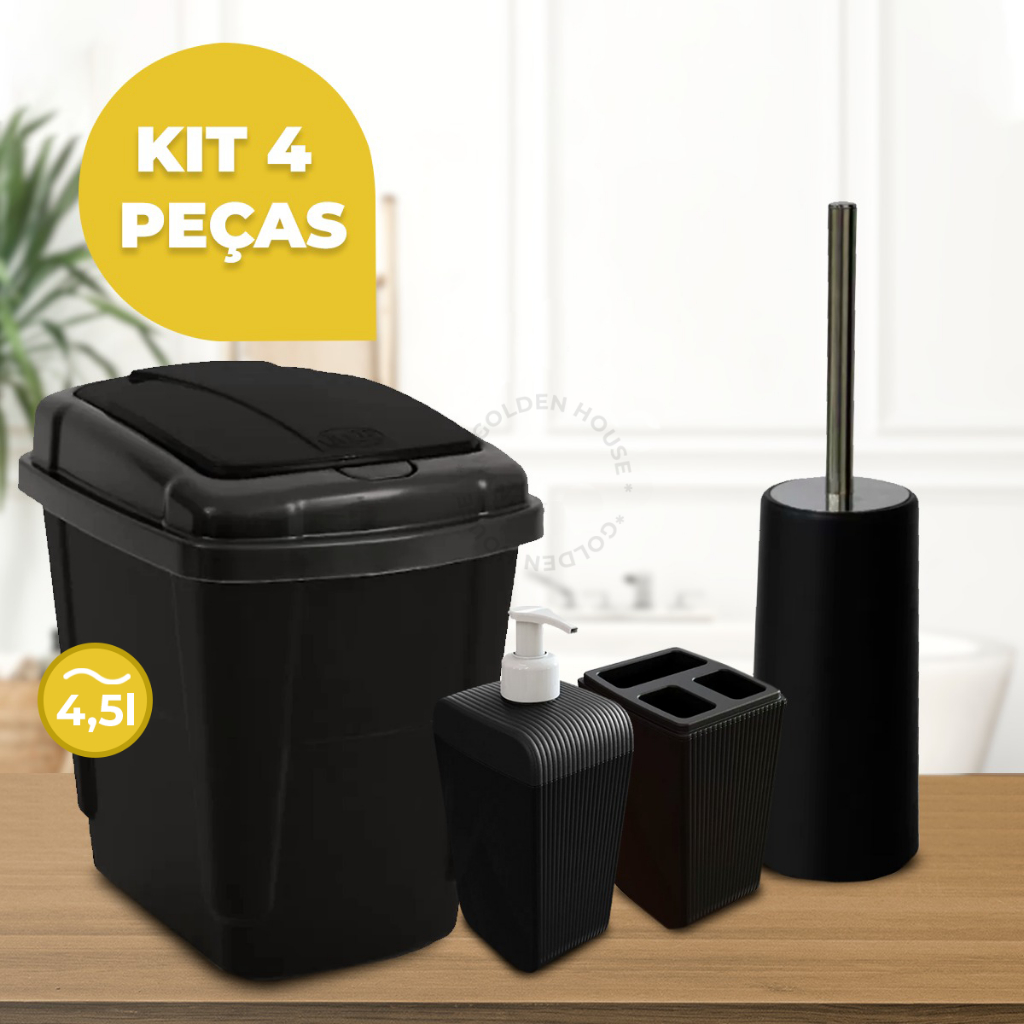 Kit 4 Peças Banheiro Lavabo Completo Lixeira 4,5L Premium