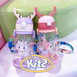 Kit 2 Garrafas De Alce Água Infantil Criança Portátil Com Canudo Desenho Multicolorido Menina