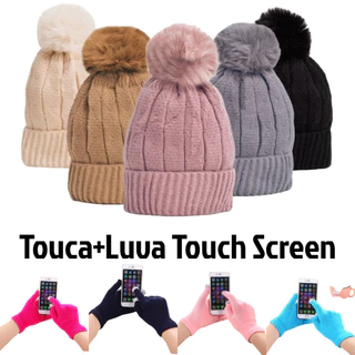 Kit Touca Feminina Forrada+Luva de Lã Touch Screen para Celular Gorro com Pelinho com pompom touca blogueira da moda pom pom