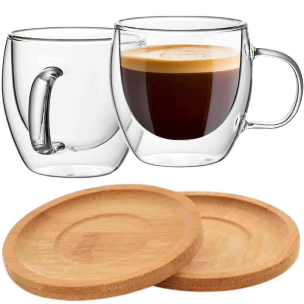 Xicaras Vidro Duplo Com Pires Caneca Parede Dupla 2un 150ml