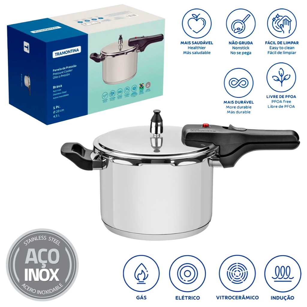 Panela de Pressão em Aço Inox Fundo Triplo 4,5 L - Tramontina | Shopee ...