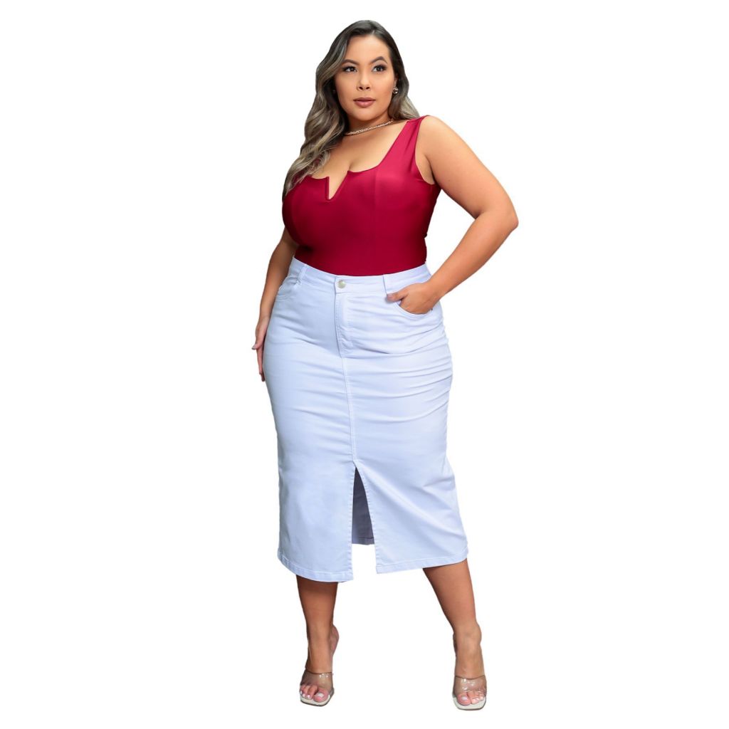 Plus Size Saia Jeans Branca Desfiada Saia Jeans Plus Size Feminina