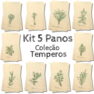 Kit 5 Panos De Prato Cru Coleção Temperos 100% Algodão Especiarias