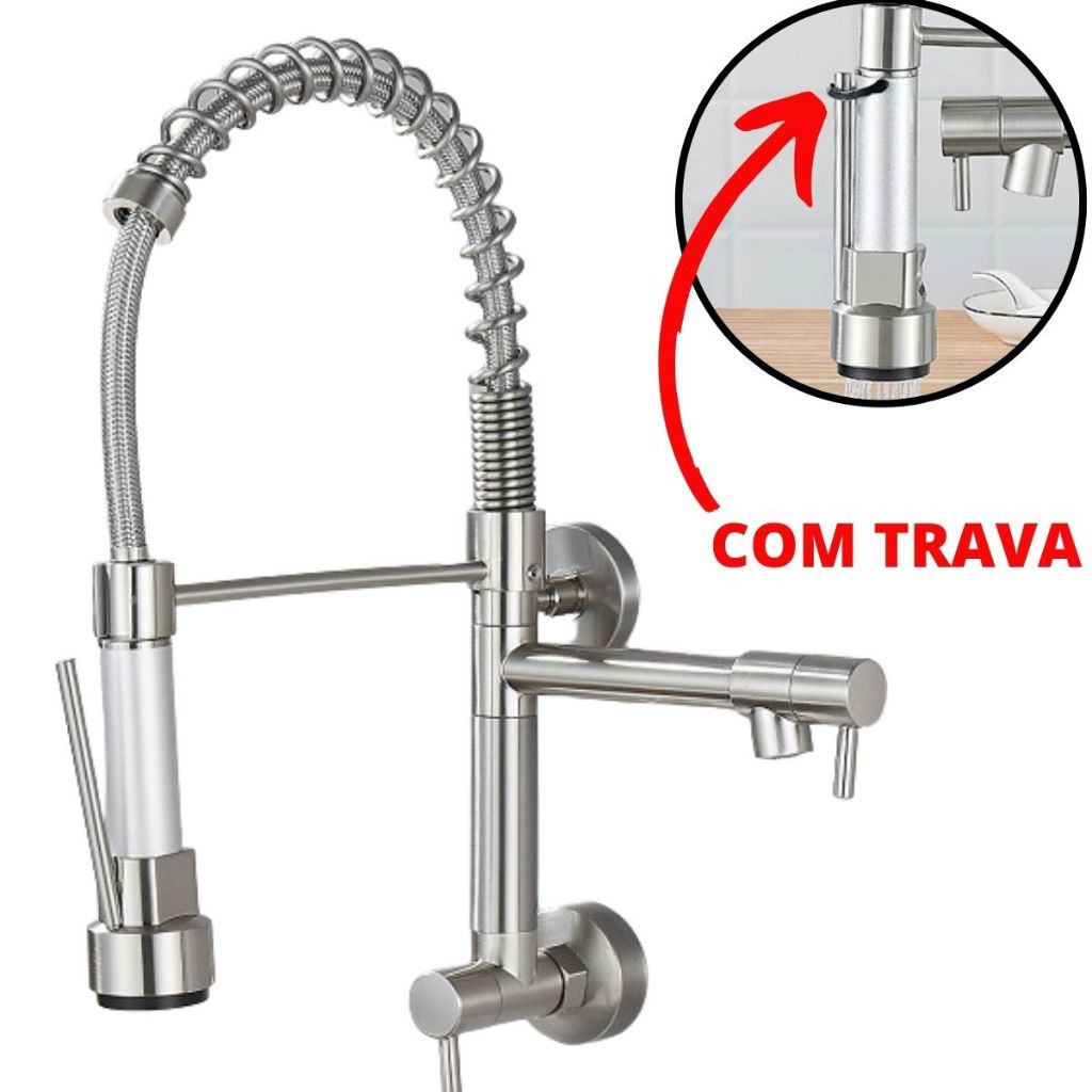 Torneira Parede Cozinha Gourmet Monocomando Jato ou Ducha Acabamento Inox Escovado