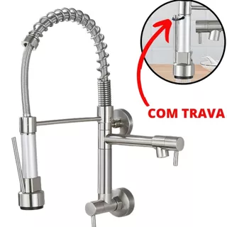 Torneira Parede Cozinha Gourmet Monocomando Jato ou Ducha Acabamento Inox Escovado