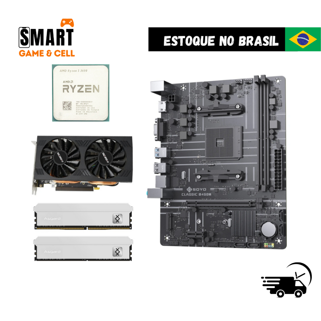 KIT GAMER RYZEN 5 - Placa Mãe B450M SOYO - Ryzen 5 3600 - 16 GB 3200mhz - RX 580 ou RX550