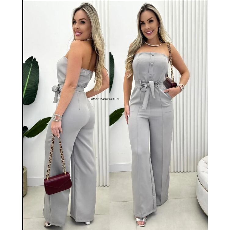 Macacão alfaiataria Pantalona Feminino Longo Com Bojo