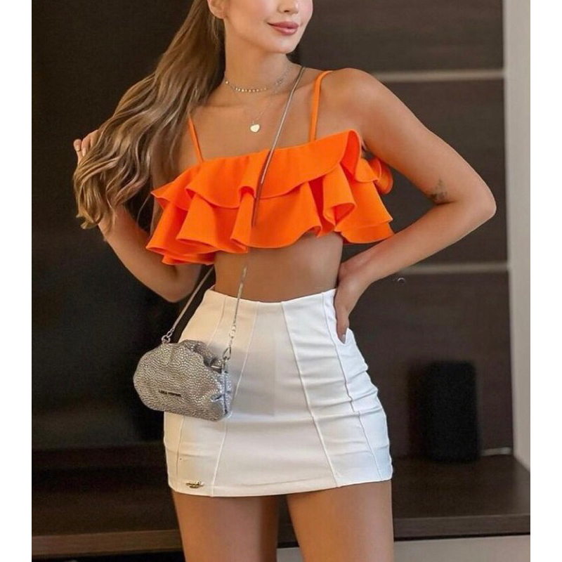 Conjunto Cropped Saia Cintura Alta Com Babado Conjunto De Cropped