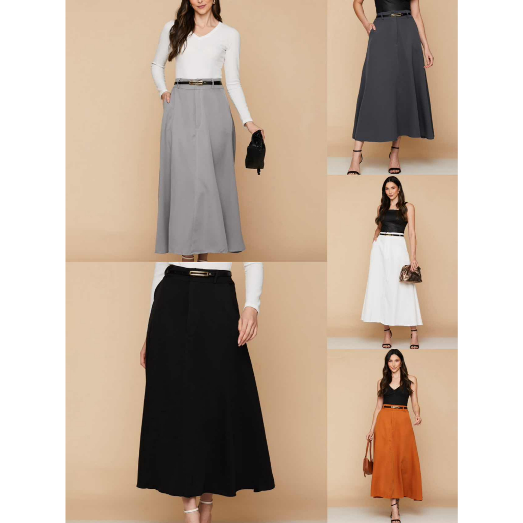 Saia Longa Alfaiataria Moda Evangélica Tendência Feminino Com Cinto -0231
