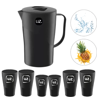 KIT Jarra De Suco 2L + 6 Copos 300ML Plástico - Preto