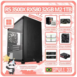 PC Gamer AMD Ryzen 5 3500X RX 580 Ram 32GB RGB M.2 1TB 600W A520M W11 JOGOS | SPULL 32