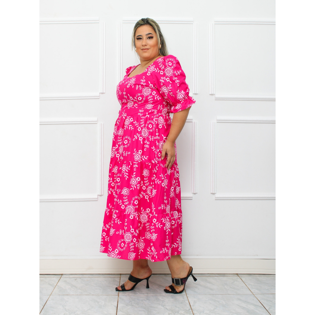 Vestido midi plus size estampado tricoline algodao manga curto