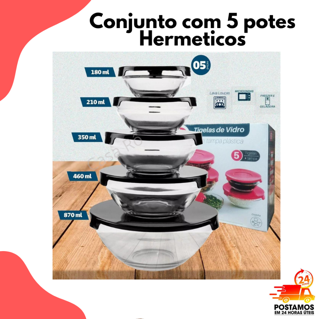 Conjunto Jogo Kit Potes Tigela Hermetico de Vidro com Tampa Marmita 5 Peças Porta Mantimentos Doces Papinhas