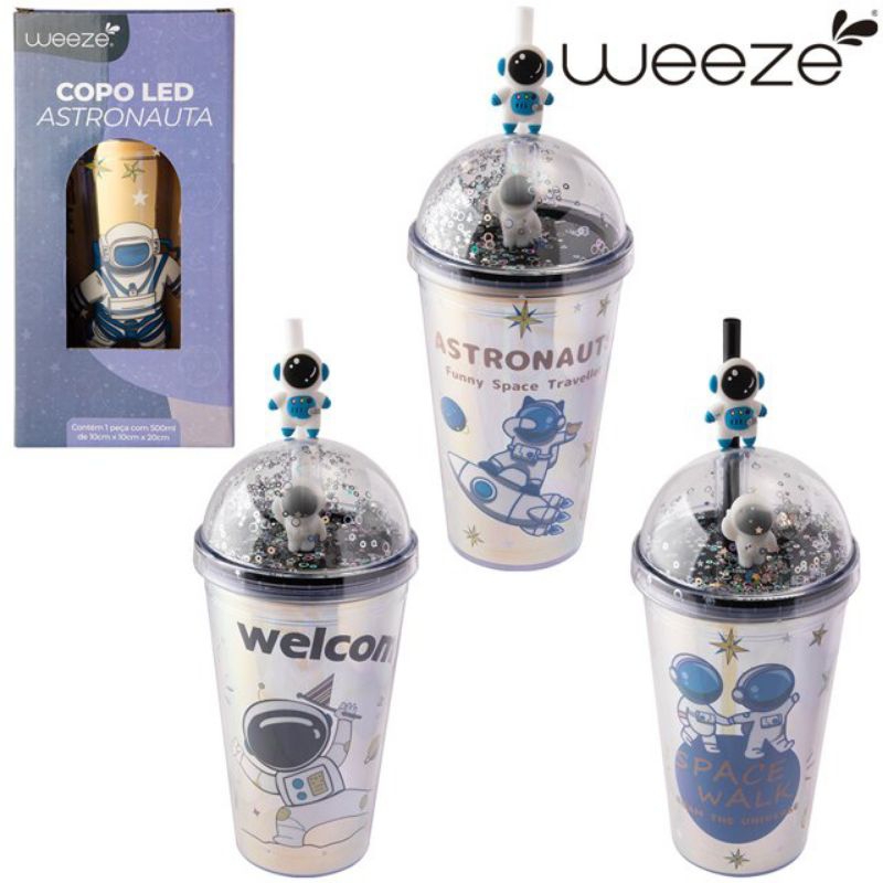 Copo Com Canudo Led 500ml Astronauta com Tampa Glitter