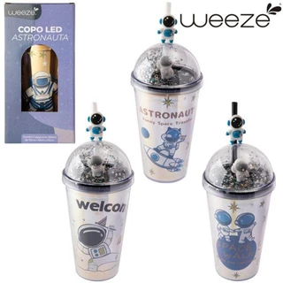 Copo Com Canudo Led 500ml Astronauta com Tampa Glitter