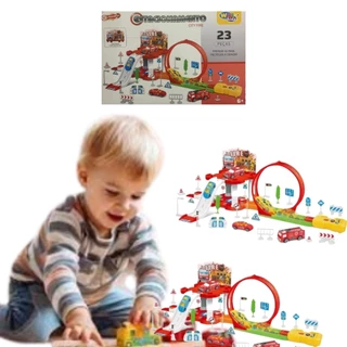 KIT 2 Pista Estacionamento De Brinquedo Bombeiro com looping Lançador INFANTIL DISPARADOR 23 Peças