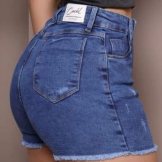 Short Jeans Feminino Claro Cintura Alta Barra Desfiada Com Elastano Cos Alto Com Lycra Empina Bumbum